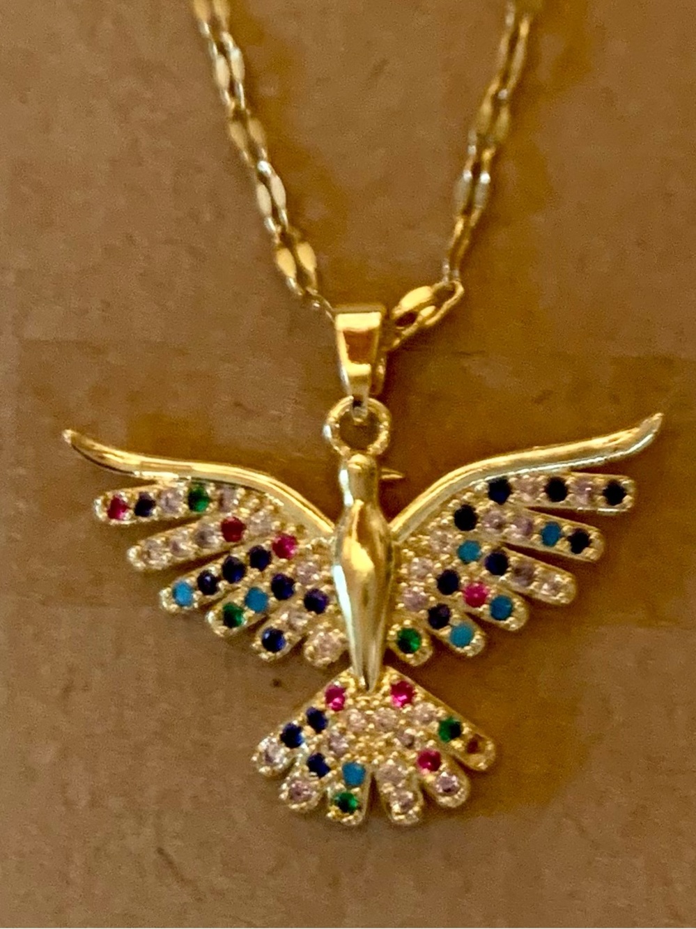 Source Unknown Gold Dove Pendant Necklace with Multicolor Stones